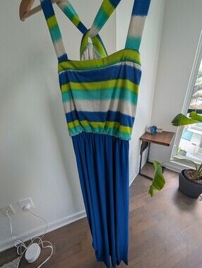 Striped Blue, Teal & Lime Maxi Dress